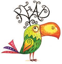 Bird with feathers that say READ on his head 