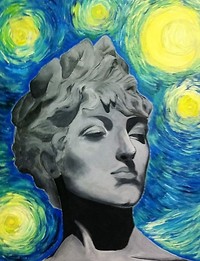 drawing of a sculpture of a woman with a painted background