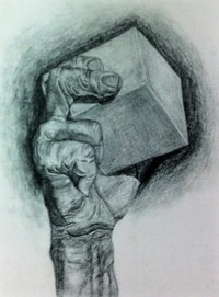 drawing of hand holding a cube