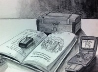 drawing of book and objects on a desk