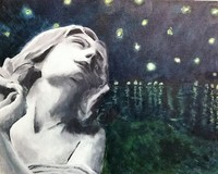 drawing of a sculpture of a woman with a painted background
