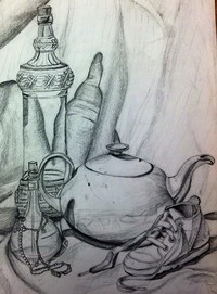 drawing of teakettle, shoe, carafe, and bottle