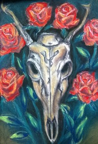 drawing of skull with roses