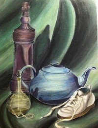 drawing of a teakettle, shoe, carafe, bottle