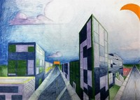 drawing of roads, buildings, and sky